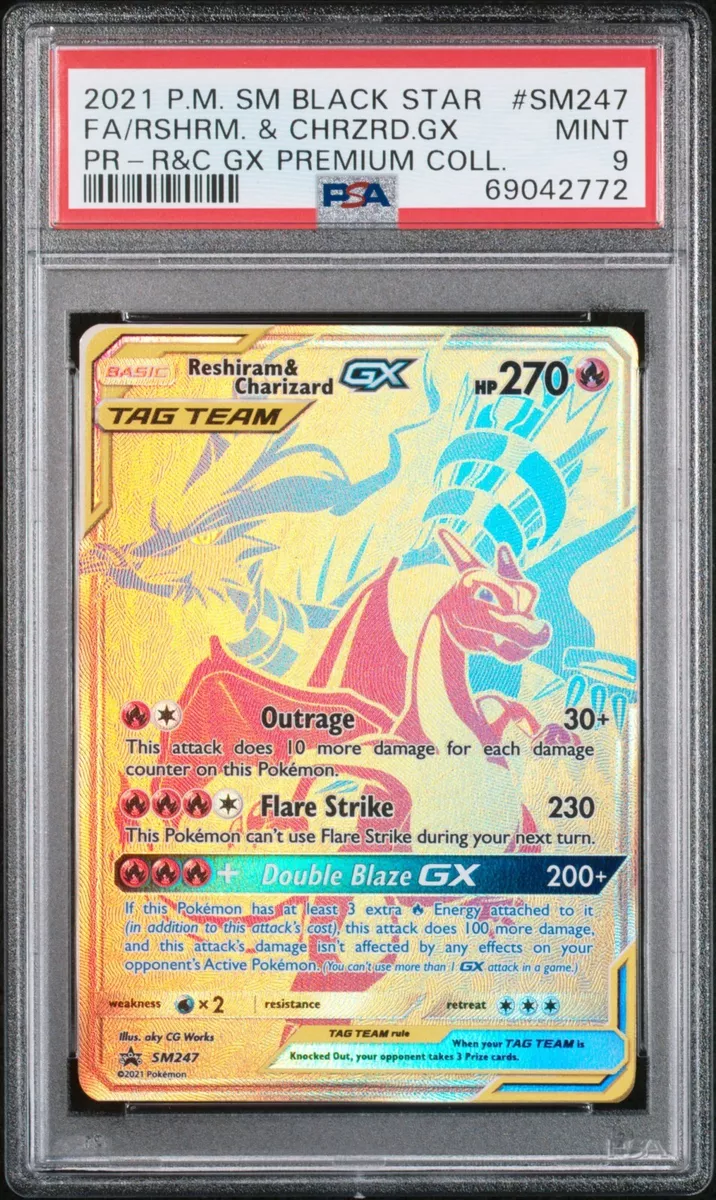 PSA 9 Pokémon Reshiram & Charizard GX SM247 Gold Promo Premium Collection