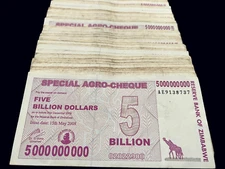 20x Zimbabwe 5 Billion Dollar Special Agro Cheque Banknote Bundle - 100 Billion