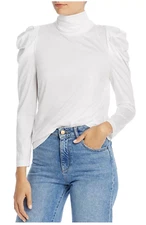ENZA COSTA Long Puff Sleeve Semi Sheer Turtleneck Pullover Top White M $176 A3