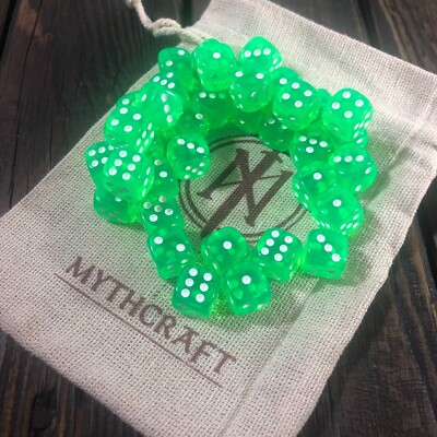 D6 Radioactive 12mm Pip Dice | Green Trans | Dungeons and Dragons | 7 Polyhedral