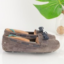 UGG Slippers Shoes Womens Meena Moccasins Size 6 Gray Suede Sheepskin Sherpa Bow