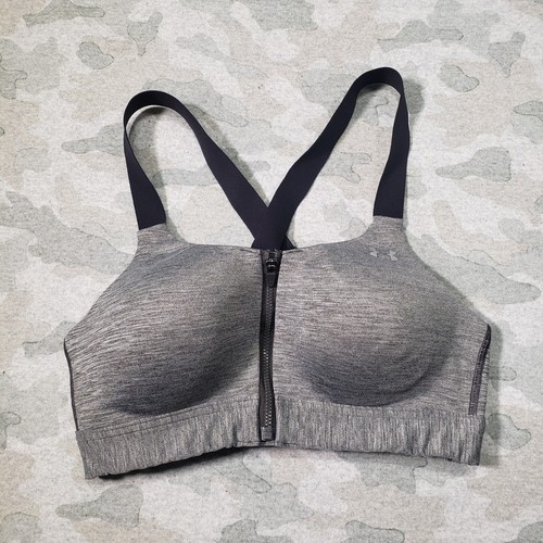 Under Armour Sports Bra Womens 34B Gray Zip Up Fittted Criss Cross Back