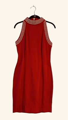 carmen marc valvo red dress Carmen Marc Valvo Red Studded Sleeveless Sheath Dress Size S, 37.5” Long