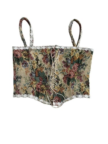 Vintage Floral Corset Top Sexy Retro Flower Push Up Bustier Tie Up Crop Camis - 第 7/9 張圖片