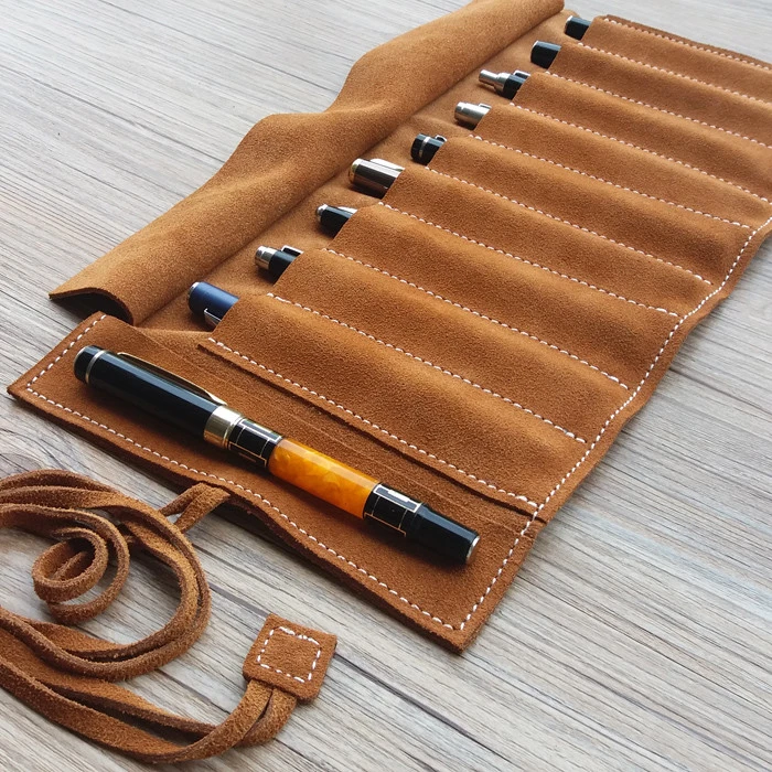 Pen Bag Roll up Pencil Case Pouch Brush Handmade Vintage Genuine Leather 9  slots