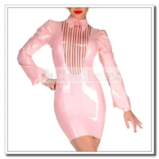 Latex Shirt Neck Dress Puff Sleeves Front Neck Trims Back Long Zip Customize D74