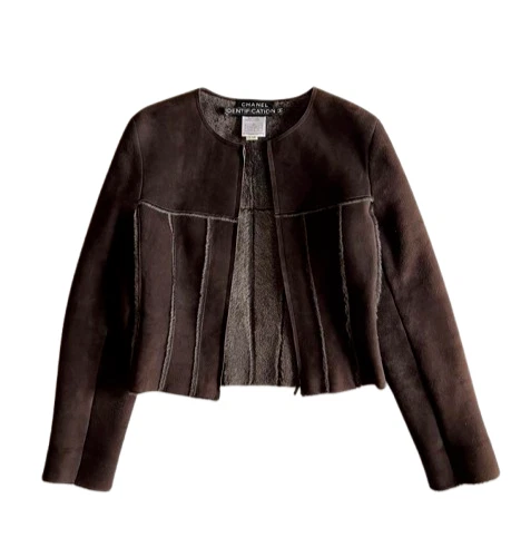 Giacca shearling CHANEL pelle marrone senza colletto SS1999 donna taglia 38