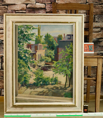 Franz Karl Delavilla 1884-1967 Ölgemälde von 1949 Stadtwinkel Hinterhof Kastanie