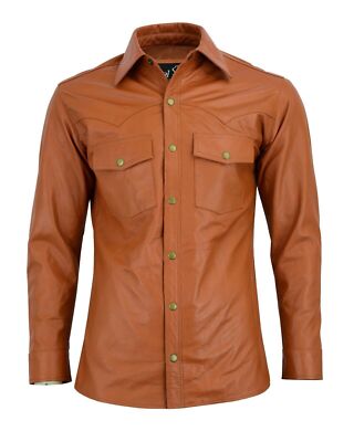 Men's Soft Tan Sheepskin Leather Slim Fit Full Sleeve Button up Shirt XS - 5XL