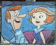 GEORGE & JUDY JETSON cartoon 60s original 8x10 cardpanel oil painting by Crowell