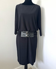 Adrianna Papell Black Sheath Boat Neck Dolman 3/4 Sleeve Belted Buckle 12