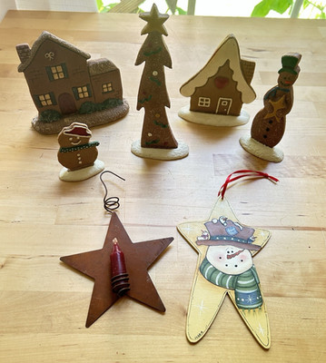 Gingerbread Dough Christmas Cottage Scene Snowmen and Two Ornaments 7 pc