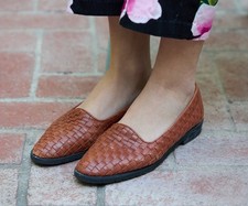 Vintage 80s Cole Haan 7 AA Woven Leather Loafers Tan Made in Italy Brown