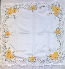 Tablecloth White with Yellow Embroidered Flowers 33 x33 Square Cutwork Border