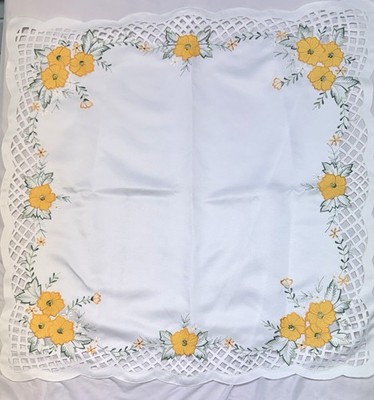 Tablecloth White with Yellow Embroidered Flowers 33 x33  Square Cutwork Border