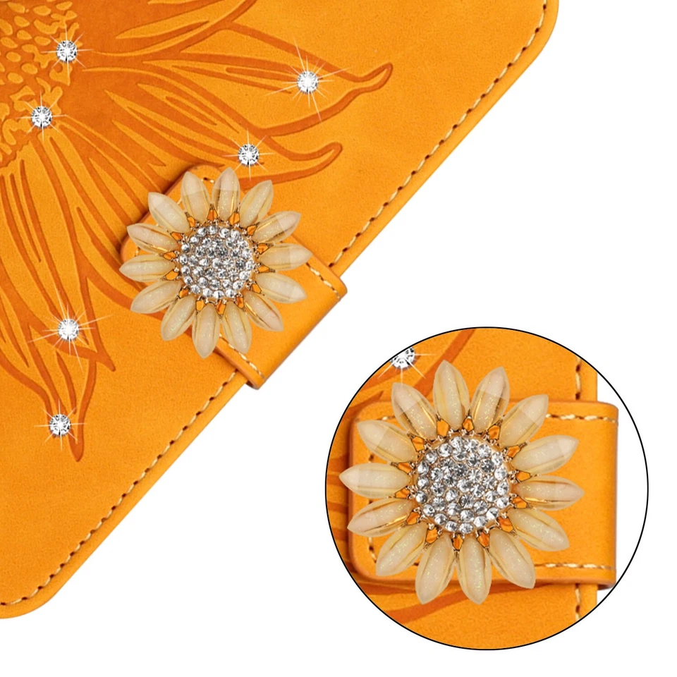 Diamond Sunflower Flip Card Wallet Stand Case Cover Hand Strap For Various Phone - Image 2 of 4