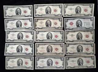 Lot of (15) 1963 & 1963A $2 Red Seal Notes Jefferson US Currency