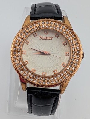 Stauer Sirene Watch Women 38mm Rose Gold Tone Black Leather Band- New Battery