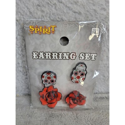 Spirit Halloween Day of the Dead Skull Rose Stud Earrings Set