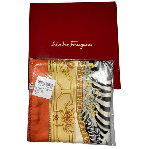 Salvatore Ferragamo 100% Silk Giraffe Print Scarf Orange Black NWT/BOX - Picture 2 of 20
