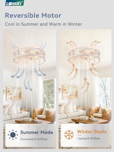 20" Caged Ceiling Fan with Light, Small Flush Mount Banded White and Gold - Picture 7 of 8