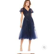 New | Mac Duggal 20304 EMBELLISHED FLUTTER SLEEVE TEA LENGTH DRESS BLUE 6