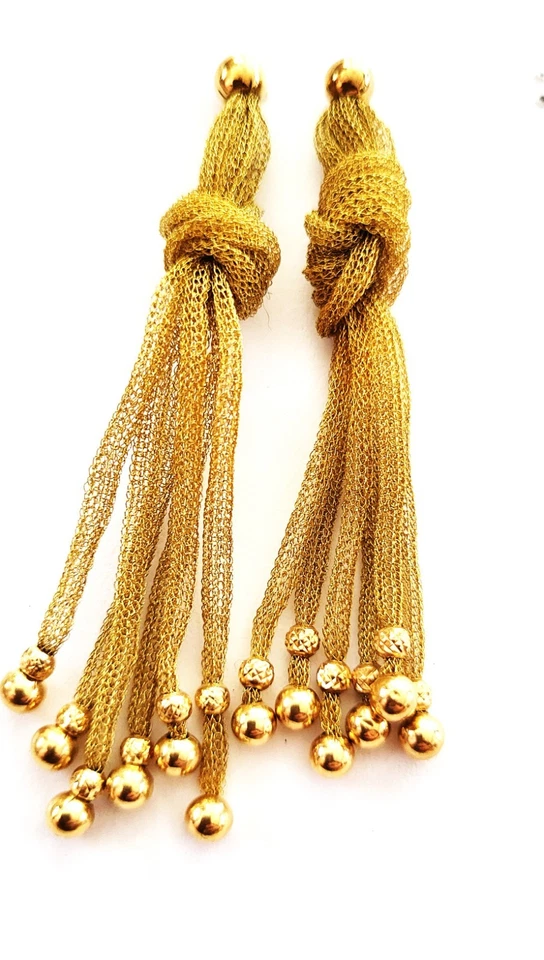 ITALY 14k Yellow Gold Designer Crafted Unique Mesh Tassel Earrings ITALY 14k - Image 3 of 4