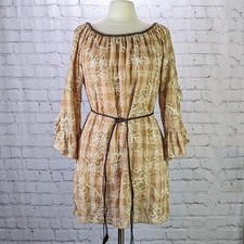 Urban Mangoz Sz L Tunic On/Off Shoulder Beige Gingham w Embroidery Belted