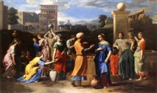Oil painting Eliezer-and-Rebecca-Nicolas-Poussin market young woman and man girl