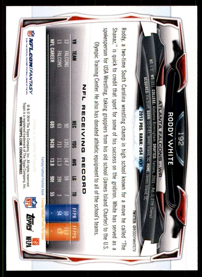 2014 Topps. Roddy White Football Cards #192 - Image 2 of 2