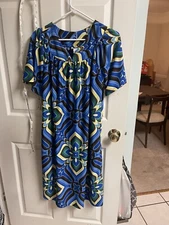 Vtg Anthony Richards House Dress Blue Abstract Floral Muumuu Large Mod 70s