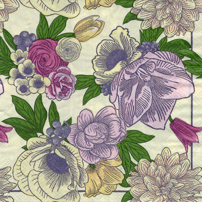 TWO Individual Paper BEVERAGE / COCKTAIL Decoupage Napkins PURPLE MIX BOUQUET