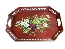 Vintage Hand Painted Fruit Tray Steel Metal Toleware Red Cottage Decor c1950