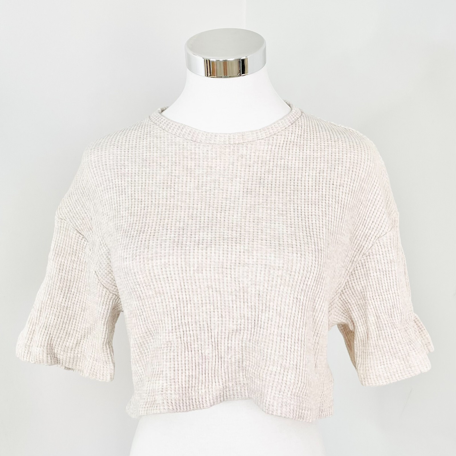 Aere Crop Top Womens Size 8 Beige Waffle Knit Short Sleeve Crew Neck Cotton New