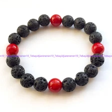 6/8/10/12mm Black Lava Stone Red Coral Round Gems Beads Elastic Bracelet 7.5 in