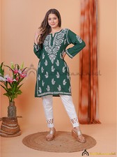 Green Modal Cotton Chikankari Tunic Top Lucknow Chikankari Handmade Aiza Top
