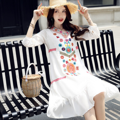 Women Elegant Embroidered Vintage Ethnic Mexican Linen Long Boho Loose Dress  | eBay