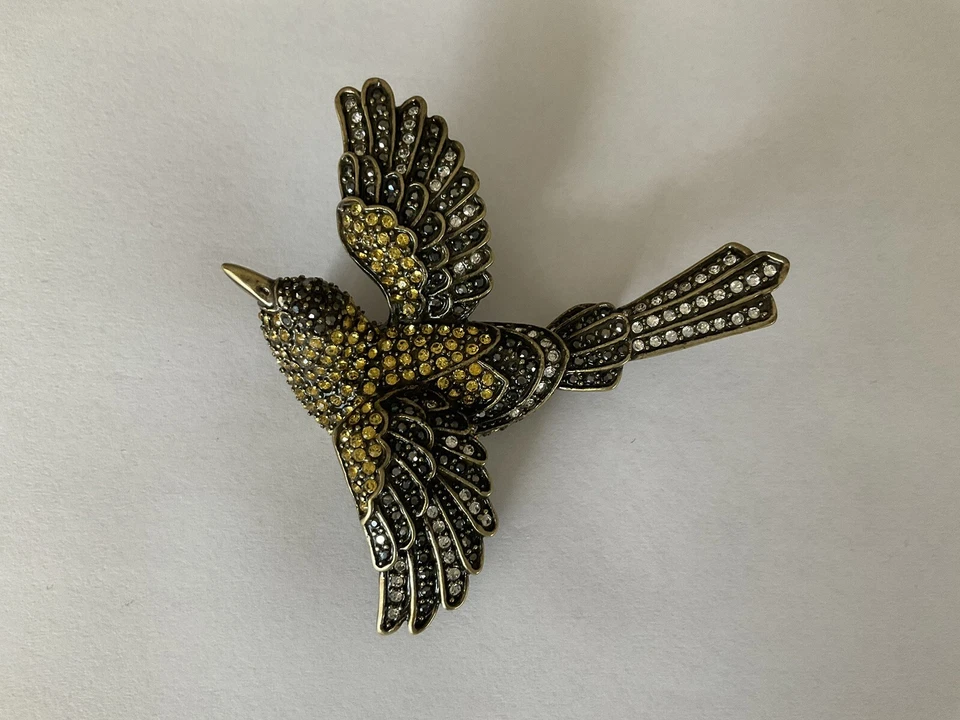 HEIDI DAUS Large Gold Tone Hummingbird Black, Clear, Yellow Crystal Brooch 