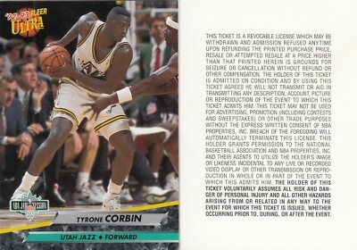 1992-93 Tyrone Corbin Fleer Ultra All Star JAM SESSION TICKET STUB - Utah Jazz