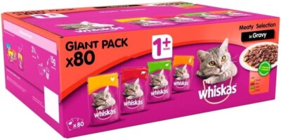 whiskas1+ Katzenbeutel Fleischauswahl in Soße Riesenpackung, Huhn 80x85g