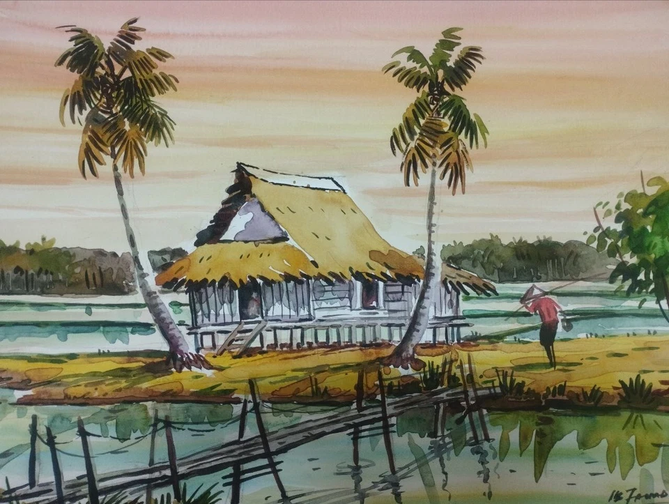 Original Watercolor Painting of Traditional Malay House and Fisherman at Sunset - Image 1 of 1