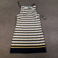 Vince Camuto Dress Womens Sz 14 Blue White Gold Striped Sleeveless Shift Stretch