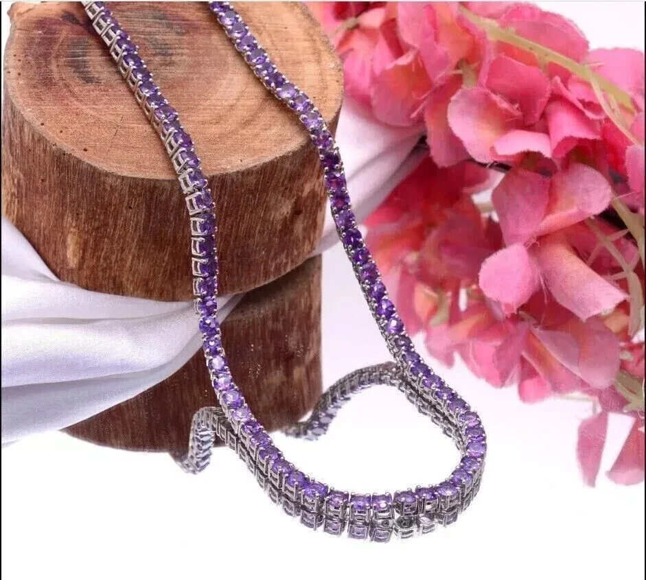 3MM Round Lab Created Amethyst Women's Tennis Necklace 14K White Gold Plated 18" - Image 2 of 4