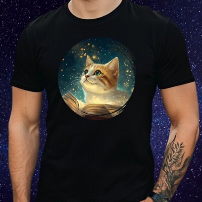 Mens Magic Cat Book Print Cotton T-Shirt Size XS to 5XL