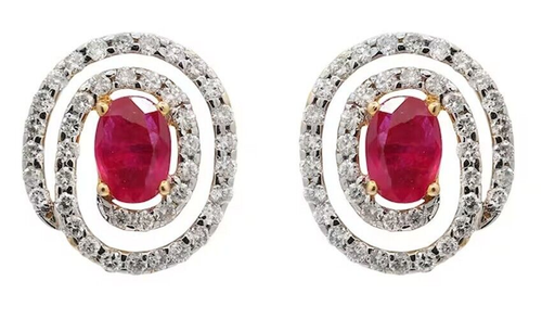 Boucles D'oreilles Clous En Or 14k 585 - Diamants Naturels (1.51 Ct) & Rubis (1.17 Ct) - Neuf Avec étiquettes Jisha