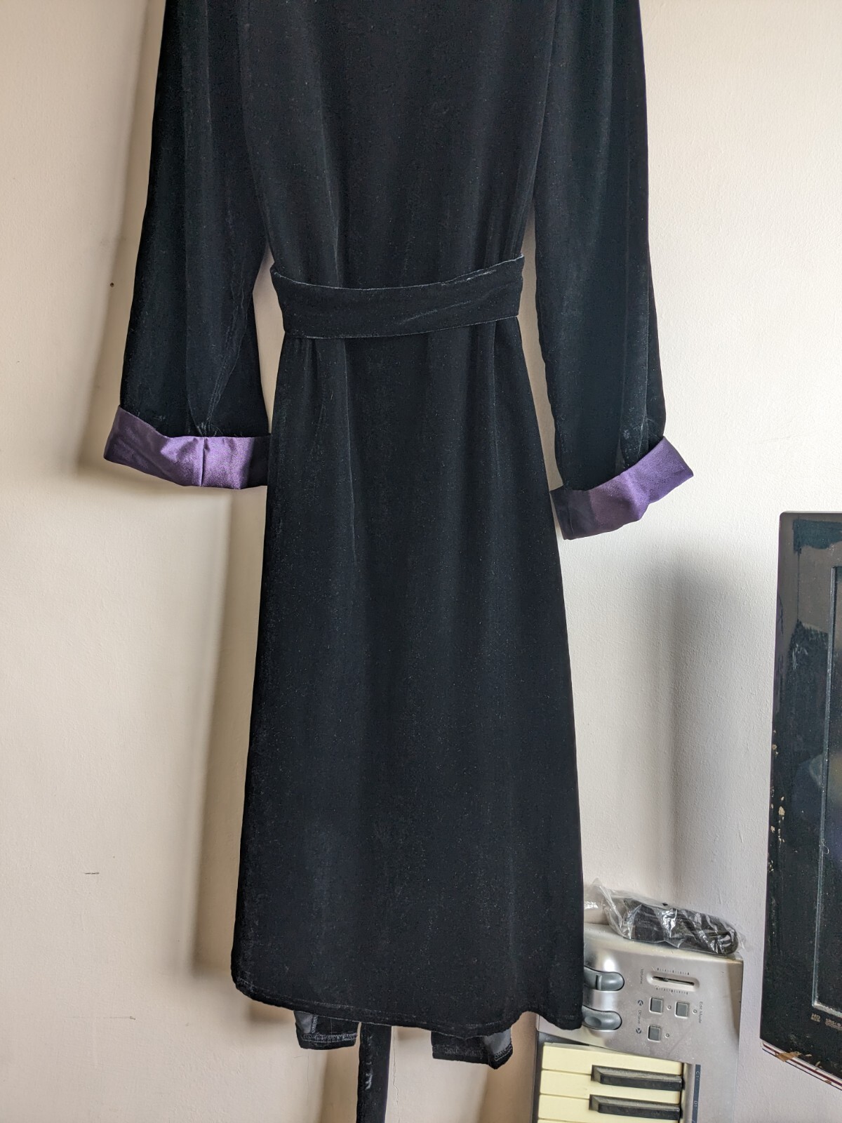 Marks & Spencer Dressing Gown/Bathrobe, Black Velvet, Purple Satin Trim