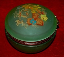VINTAGE Beautiful Floral TRINKET JEWELRY BOX Glass Metal Rim Hinged Lid 1960's