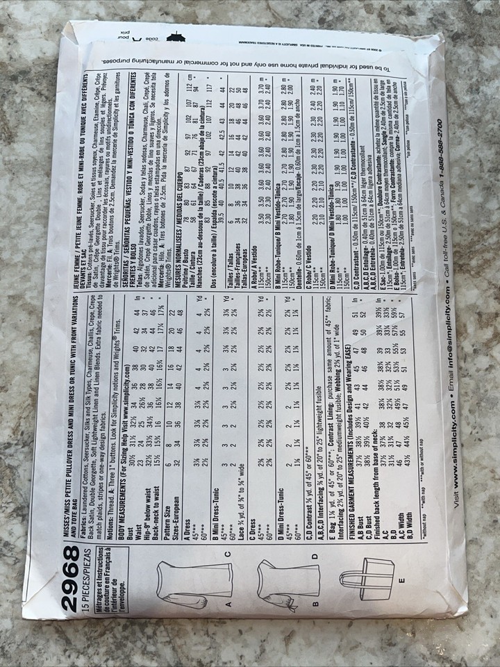 Simplicity Dress & Tote Sewing Pattern 2968 Size H5 68101214 Miss