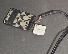 Coach Signature Logo Canvas/Leather ID Badge Holder Lanyard F61766 Black White
