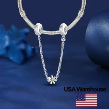 S925 Sterling Silver Daisy Safety Chain Charm Fit for Bracelet DIY Jewelry Women